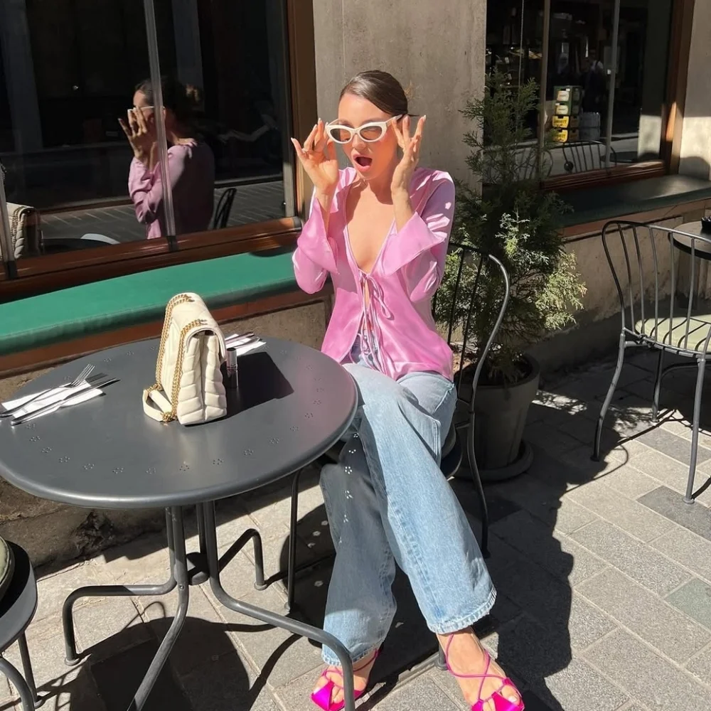 Zara Pink Satin Tie-Front Top Size XXL